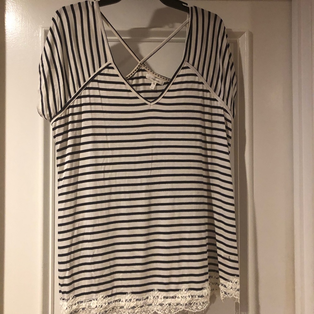 Navy blue and white stripped shirt.